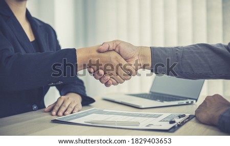 Employer or HR department welcomes new employees, Shaking hands with congratulations or achieving business and income success, Hand shak concept.