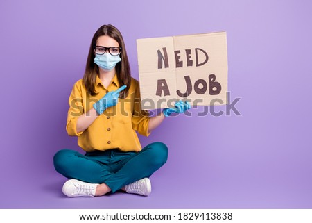 Photo portrait of girl wearing covid-19 protective facial mask gloves looking for job need money isolated on bright purple color background