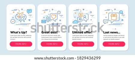 Set of Business icons, such as Heart, Connecting flight, Support chat symbols. Mobile app mockup banners. Wish list line icons. Star rating, Airport, Comment bubble. Present box. Heart icons. Vector