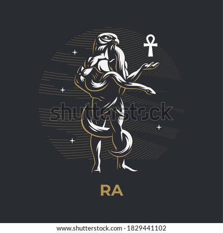 Egyptian God Ra. A man with a falcon head. A python snake wriggles around. In the hands of the ankh cross. Vector illustration.