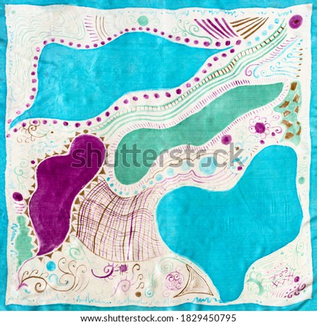 textile background - blue, green and purple handpainted silk scarf with abstract pattern