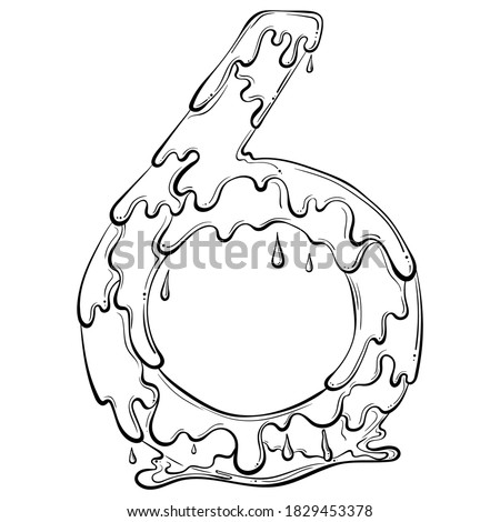 Number 6 with flow drops and goo splash. Dripping liquid symbol. Vector trendy font made in hand drawn line art style isolated on white background. Slime logo or initial letter.