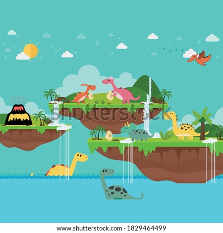 ํTropical island and Little dinosaur playing on the ancient world