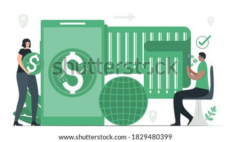 The man uses digital money to buy something from woman. Then, he will get long receipt. Payment method with digital money. This infographic banner was designed by using vintage green color.