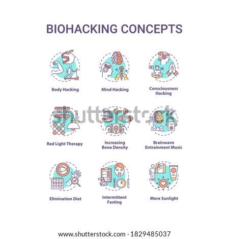 Biohacking concept icons set. DIY biology, health improvement idea thin line RGB color illustrations. Body and mind productivity development. Vector isolated outline drawings. Editable stroke