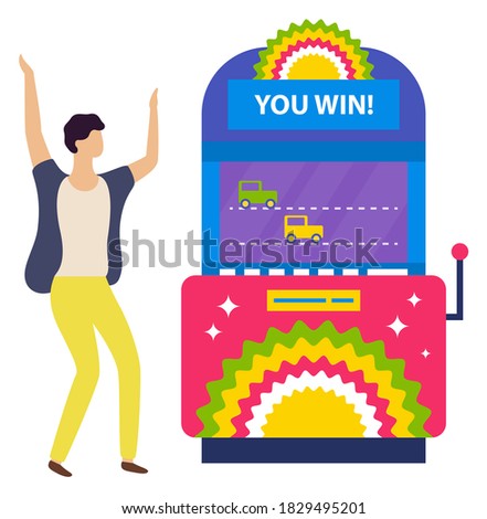 Winning machine bringing money to man vector, isolated person winning in casino. Car race on screen simulating real ride. Happy character flat style