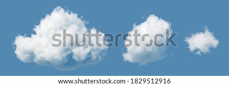 3d render, cumulus illustration. Sky clip art, assorted clouds isolated on blue background