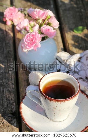 homemade espresso cup sunny morning in the garden, good morning, selective focus