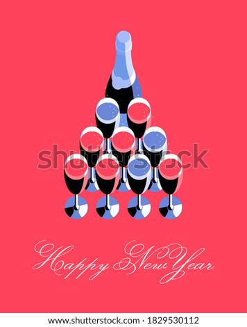 Happy New Year, poster or card. Champagne bottle and glasses arranged in the shape of a Christmas tree. Set of items, top view, isolated, red background, text. Vector illustration