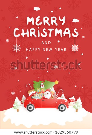 Christmas card with vintage truck, santa and friends, paper cut vector illustration