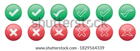 Set of Check mark shiny volumetric buttons. Acceptance, approval, rejection symbols. Vector yes and no icons with tick and cross
