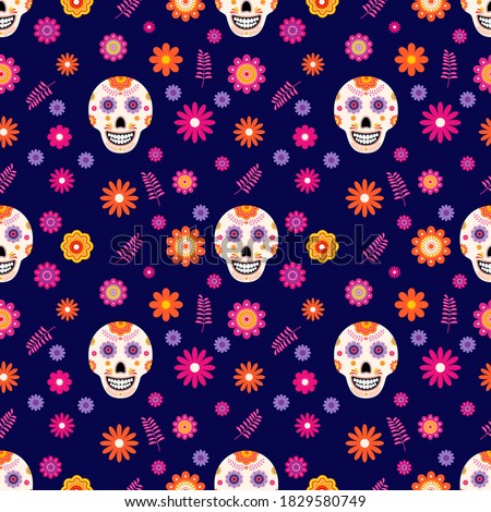 Dia de los Muertos seamless pattern of traditional Mexican symbols. Easy to edit vector template for greeting card, banner, poster, party invitation, fabric, textile, wrapping paper, etc.