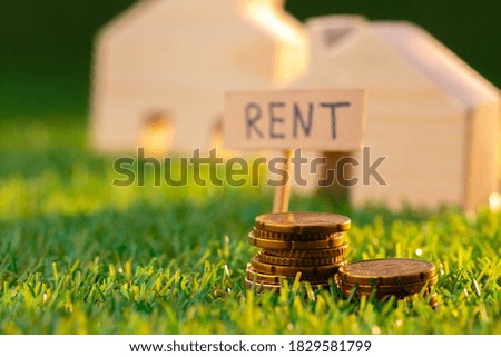Wooden toy house with rent sign on grass