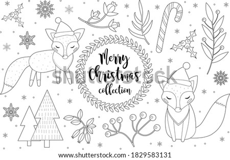 Cute little fox set Coloring book page for kids. Collection of design element sketch outline style. Kids baby clip art funny smiling kit. Vector illustration