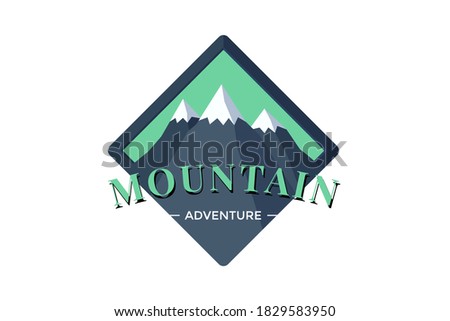 Mountain Adventure shield logo badge for extreme tourism and sport hiking. Outdoor nature rock camping square label vector eps illustration