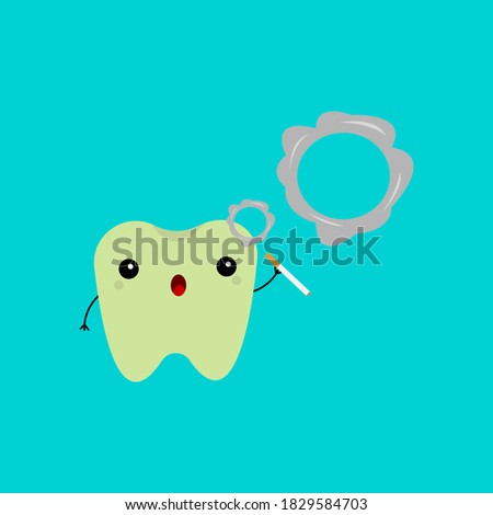 tooth cartoon character darkened from smoking object on blue background concept of health care and dentistry