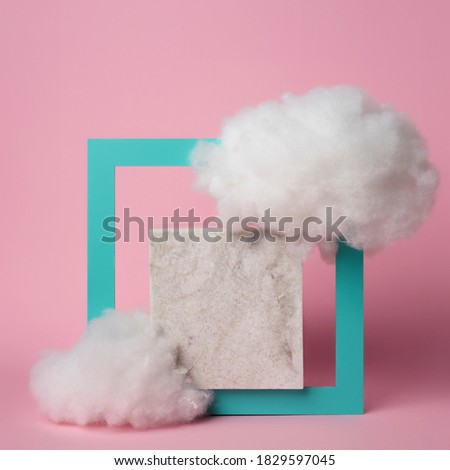 Blue and pink podium with marble on pastel background. Concept scene stage showcase, for product, promotion, sale, banner, presentation, cosmetic and fashion. Minimal showcase mock up concept.