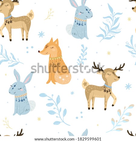 Seammless pattern. Bohemian illustrations with animals, stars, magic and runes. Cute animals in the Scandinavian style. Hand drawn deer, fox, rabbit, bunny illustration for kids.