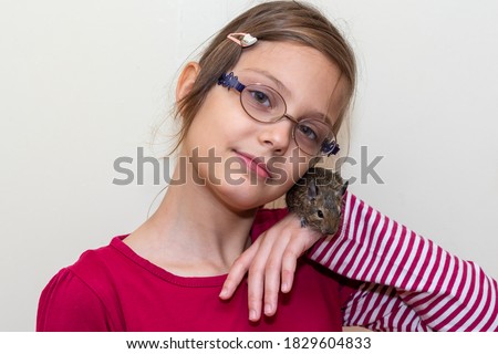 The girl is holding a nice little degu. The common degu is a small hystricomorpha rodent endemic from Chile. 