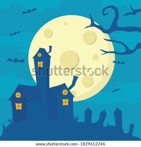 Spooky house on Halloween night. The scary atmosphere in October during Halloween in blue. Creepy night at the cemetery that contains the house