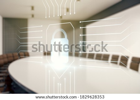 Virtual creative lock symbol and microcircuit illustration on a modern conference room background. Protection and firewall concept. Multiexposure