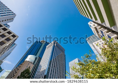 Shinjuku buildings, blue sky and trees/Shinjuku is a Japanese city