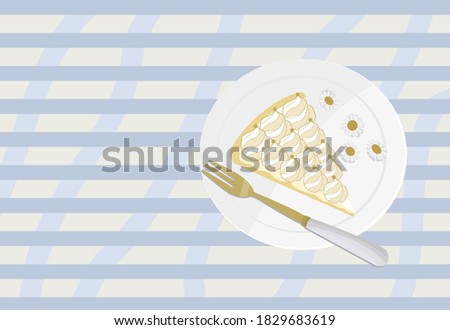 A piece of cake on a plate and a daisy beside on blue square background, flat style vector illustration.