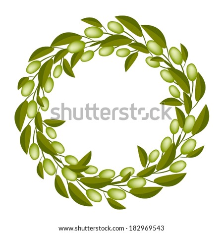 Vector Illustration of Beautiful Crown or Laurel Wreath of Fresh Green Olive and Leaves Isolated on White Background. 