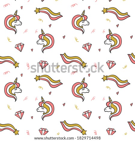 Girly seamless pattern with unicorns, diamonds and stars on white background. Cute fashion doodles. Vector illustration.
