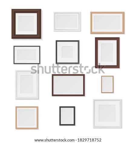 Pictures frames variety on wall realistic mockup set. Horizontal, vertical photographic empty cadres gallery. Museum exhibition. Vector photo frame collection isolated on white. Royalty-Free Stock Photo #1829718752