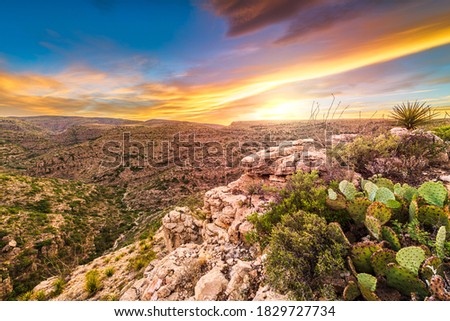 Carlsbad Cavern National Park, New Mexico, USA overlooking Rattlesnake Canyon just after sunset. Royalty-Free Stock Photo #1829727734