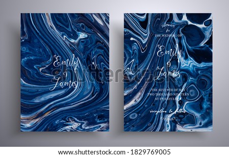 Set of acrylic wedding invitations with stone pattern. Mineral vector cards with marble effect and swirling paints, black, navy blue and white colors. Designed for posters, brochures and etc.