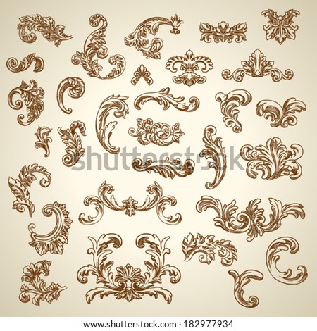 Set of vector vintage baroque engraving floral scroll filigree design Royalty-Free Stock Photo #182977934