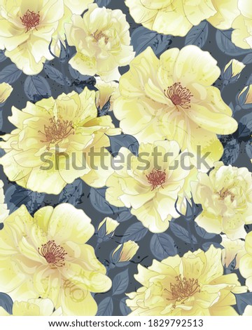 retro pattern with yellow roses on a cool green background in muted colors in vector