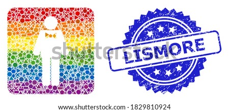 Spectrum colorful vector groom mosaic for LGBT, and Lismore rubber rosette stamp seal. Blue stamp seal has Lismore title inside rosette.
