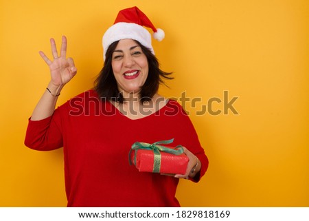 Glad attractive middle aged woman wearing Christmas hat holding a present, shows ok sign as expresses approval, has cheerful expression. Advertisement and Christmas shopping concept.