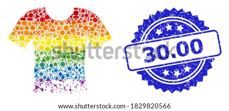 Bright colored vector ragged t-shirt mosaic for LGBT, and 30.00 dirty rosette stamp. Blue stamp seal contains 30.00 tag inside rosette.