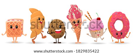 Dessert characters with smiling face on white background. Ice cream, donut, cupcake, waffle, croissant, cookies