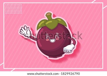 CONTENT, HAPPY , GRIN SMILE, CHEERFUL Face Emotion. Waving Hand Gesture. Mangosteen Fruit Cartoon Drawing Mascot Illustration.