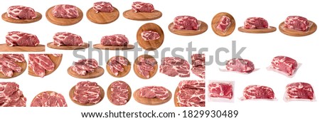 Raw, uncooked pork meat isolated on white background. A large set of different photos of meat for design. Meat in packaging, on a board, freshly sliced.
