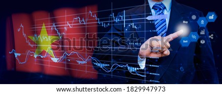Businessman touching data analytics process system with KPI financial charts, dashboard of stock and marketing on virtual interface. With Vietnam flag in background.