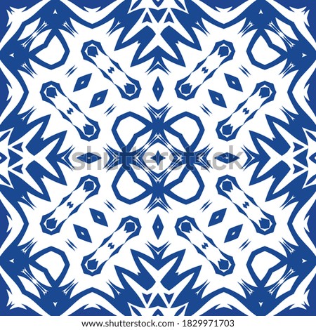 Portuguese ornamental azulejo ceramic. Universal design. Vector seamless pattern poster. Blue vintage backdrop for wallpaper, web background, towels, print, surface texture, pillows.