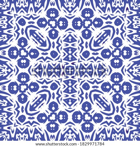 Ceramic tiles azulejo portugal. Vector seamless pattern theme. Colored design. Blue ethnic background for T-shirts, scrapbooking, linens, smartphone cases or bags.