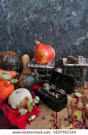 Still life with an autumn harvest of vegetables, vintage scales and a set of weights on an aged wooden table.
