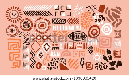 Abstract african art shapes collection, tribal doodle decoration set. Random ethnic shapes, animal print texture and traditional hand drawn icons. Royalty-Free Stock Photo #1830005420