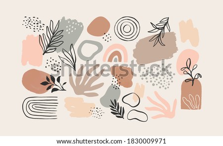Minimalist abstract nature art shapes collection. Pastel color doodle bundle for fashion design, summer season or natural concept. Modern hand drawn plant leaf and tropical shape decoration set. Royalty-Free Stock Photo #1830009971