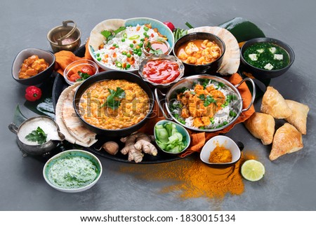 Traditional Indian cuisine. Indian recipes food various.  Royalty-Free Stock Photo #1830015134