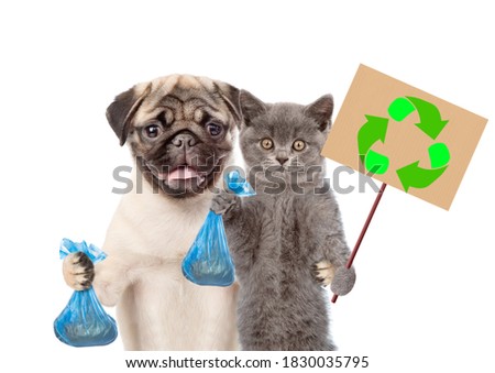 Cat and dog hold plastic bags and placard with recycling symbol. Eco concept. Isolated on white background