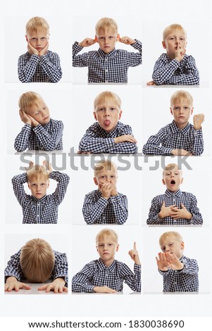Set of emotional photos of a boy. White background. Vertical. Back to school.