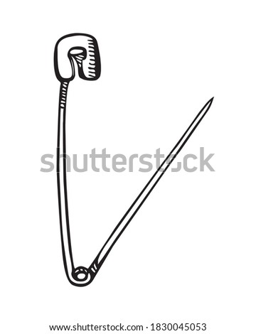 Safety pin open, hand drawn doodle gravure vintage style, sketch, vector illustration